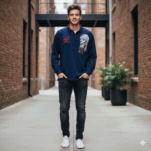 Ed Hardy Long Sleeve Polo Shirt Skull Dragon Tattoo Art‎ Navy Blue - Size 4XL